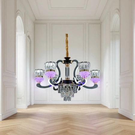 The black base crystal chandelier has a purple light effect The black base crystal chandelier has a purple light effect